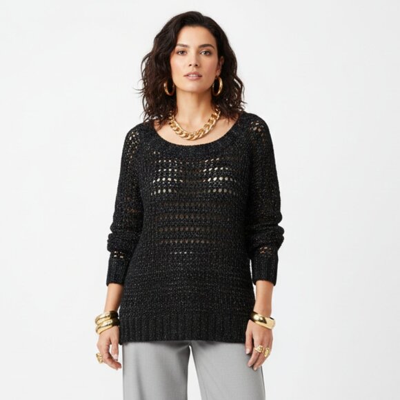 Narciso Rodriguez Black & Gray Woven Long Sleeve Loose Knit Crewneck Sweater M - Picture 1 of 9